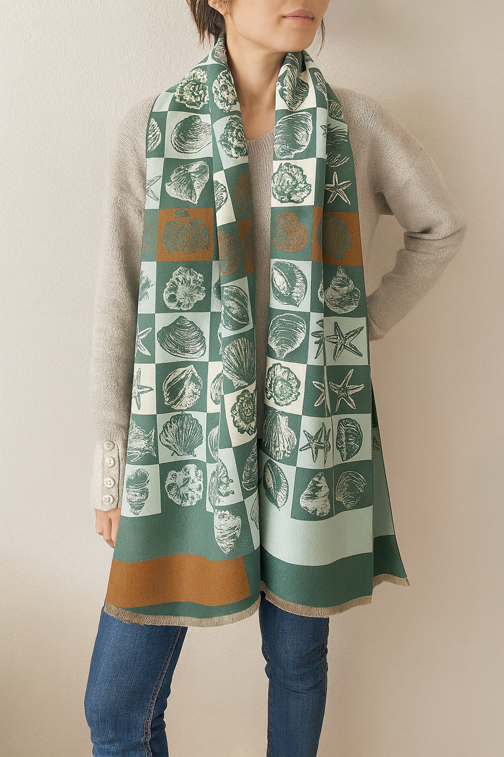 Green Seashell & Starfish Cashmere Wrap Scarf with Fringe