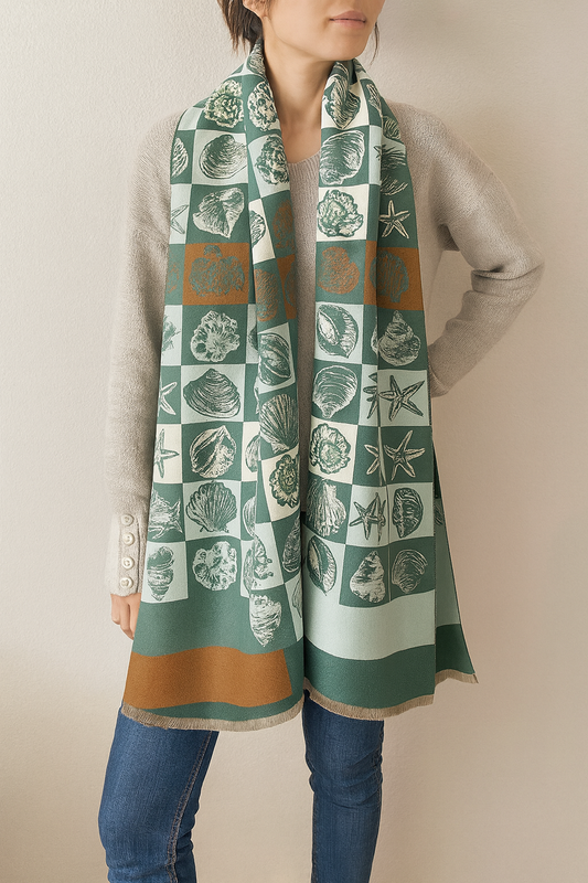 Green Seashell & Starfish Cashmere Wrap Scarf with Fringe