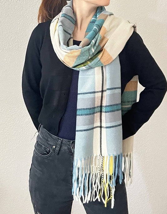 Grey-blue Plaid Fringe Cashmere Ultra Soft Scarf