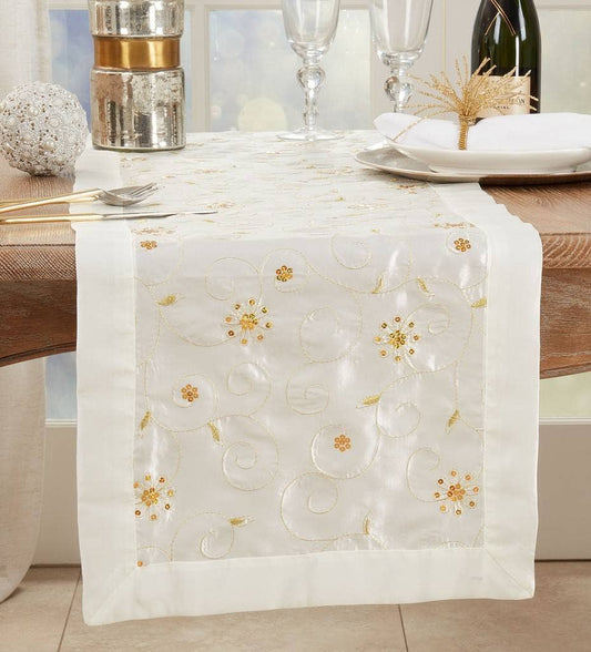 XJ511 - Gold Embroidery & Sequin Ivory Holiday Table Runner (Copy