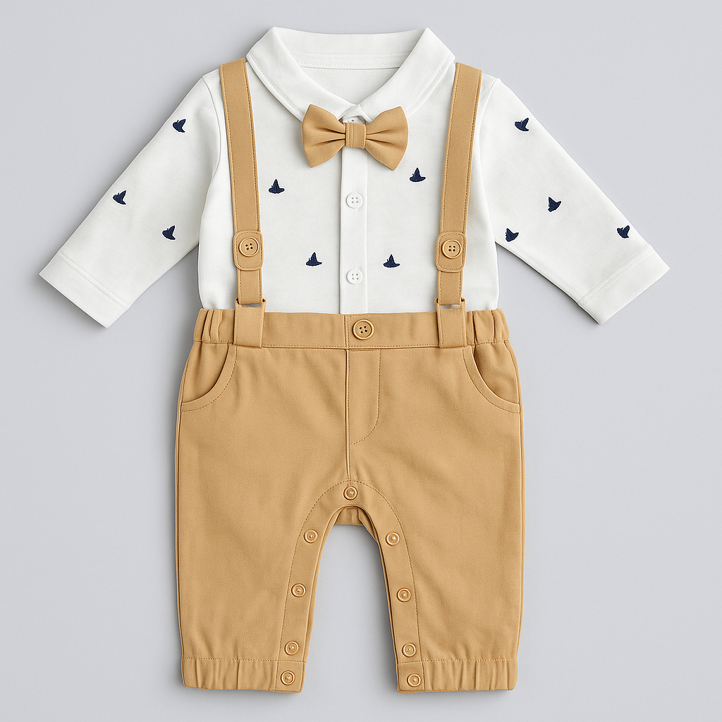Khaki White Sailor Print 3D Bowtie Baby Romper