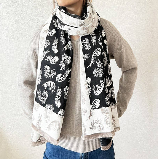 Black-Beige Feather Print Reversible Cashmere Wrap Scarf