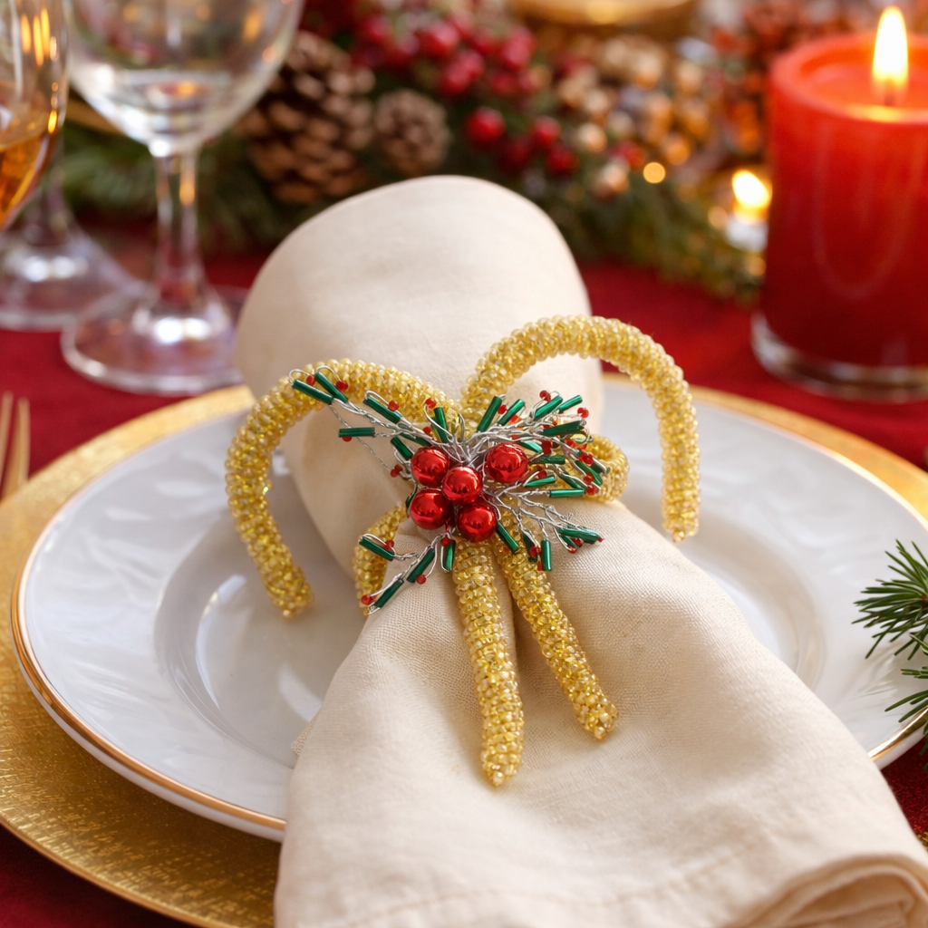 Gold Hand Beaded Candy Cane Bow Festive Napkin Ring