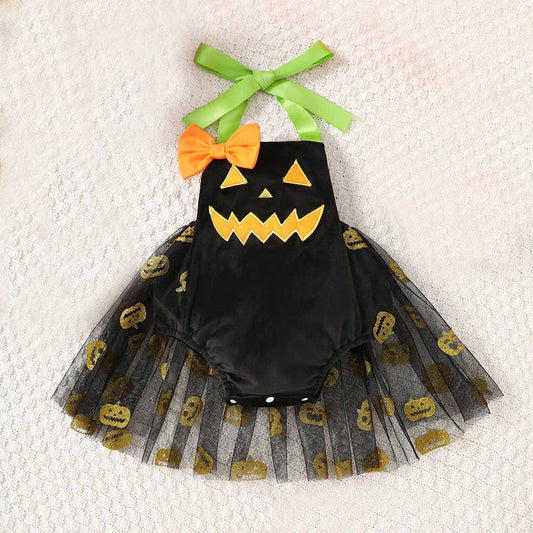 Black Spooky Pumpkin Tutu Baby Romper Dress