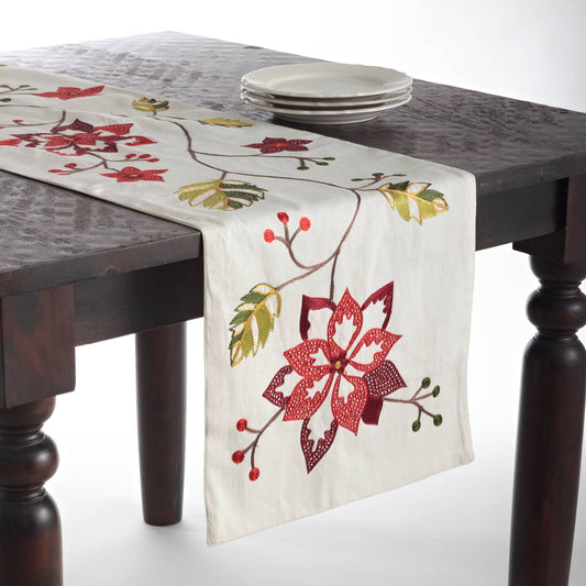 0413 - Embroidered Poinsettia Cotton 14"X72" Table Runner