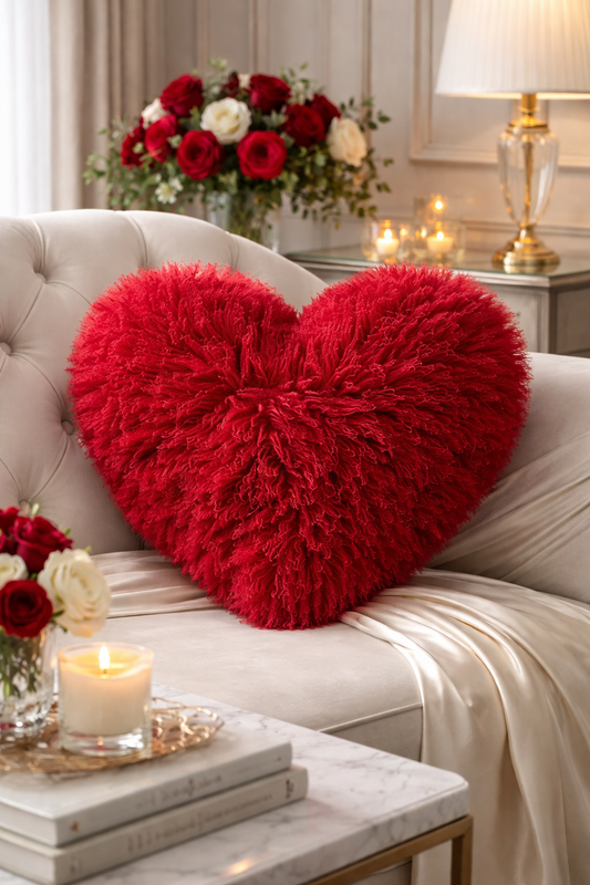 2150 - Red Mongolian Lamb Fur 16"x18" Filled Heart Pillow