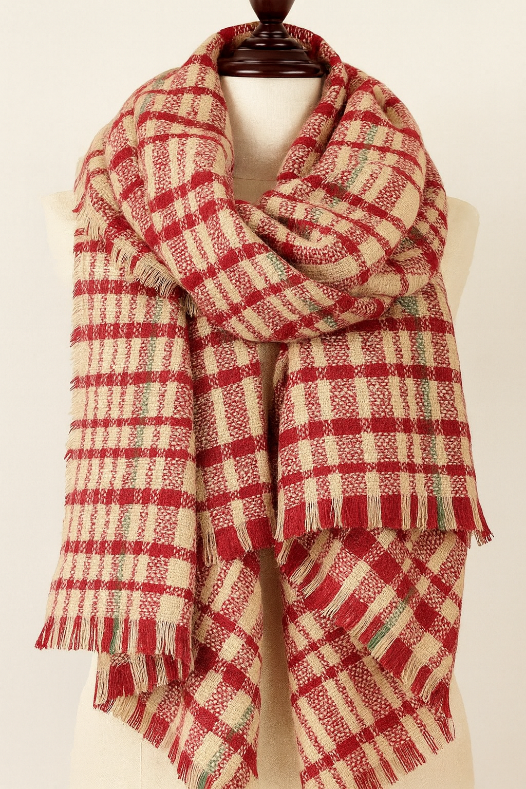 Red and Beige Plaid Oversized Wrap Scarf