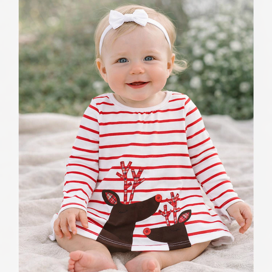 Reindeer Cotton Striped Little Girl Santa Dress