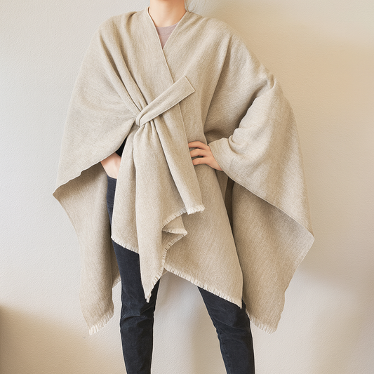 Beige Fringe Poncho Warm Open Front Shawl Cape