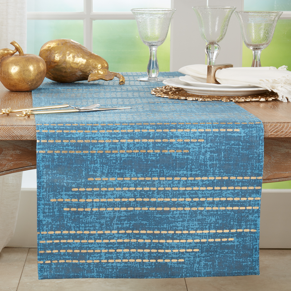 2009 - Gold Foil Dash Line Blue Cotton Table Runner