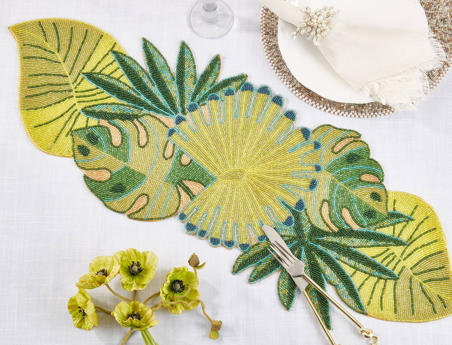 1165 - Hand Beaded Green Tropical Leaves Table Runner