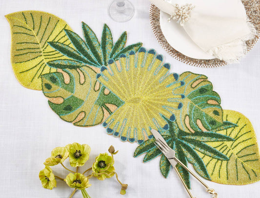 1165 - Hand Beaded Green Tropical Leaves Table Runner