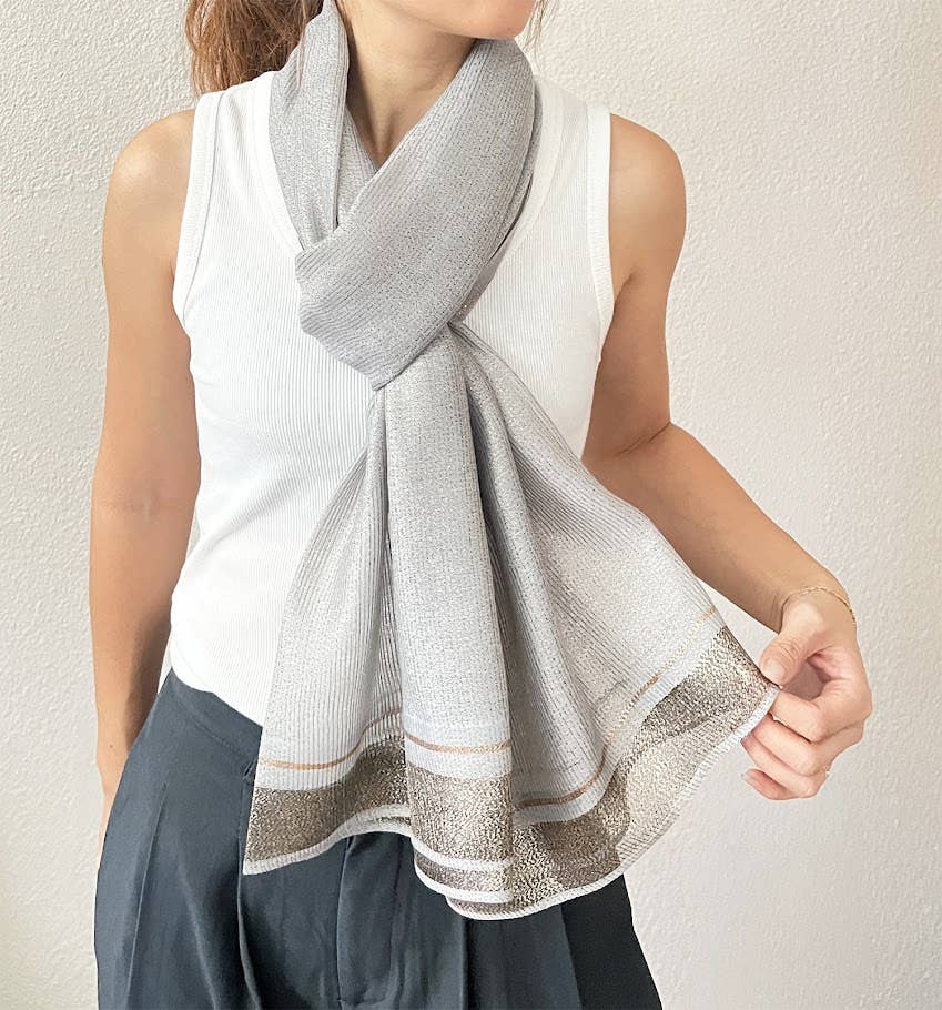 Grey Shimmering Striped Silk Blend Wrap Scarf