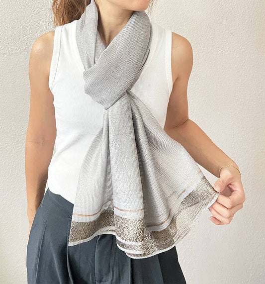 Grey Shimmering Striped Silk Blend Wrap Scarf