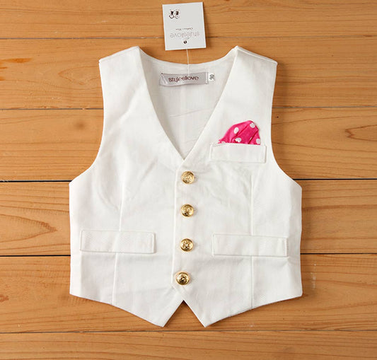 White Faux Tie Gold Buttons Boy Tuxedo Vest