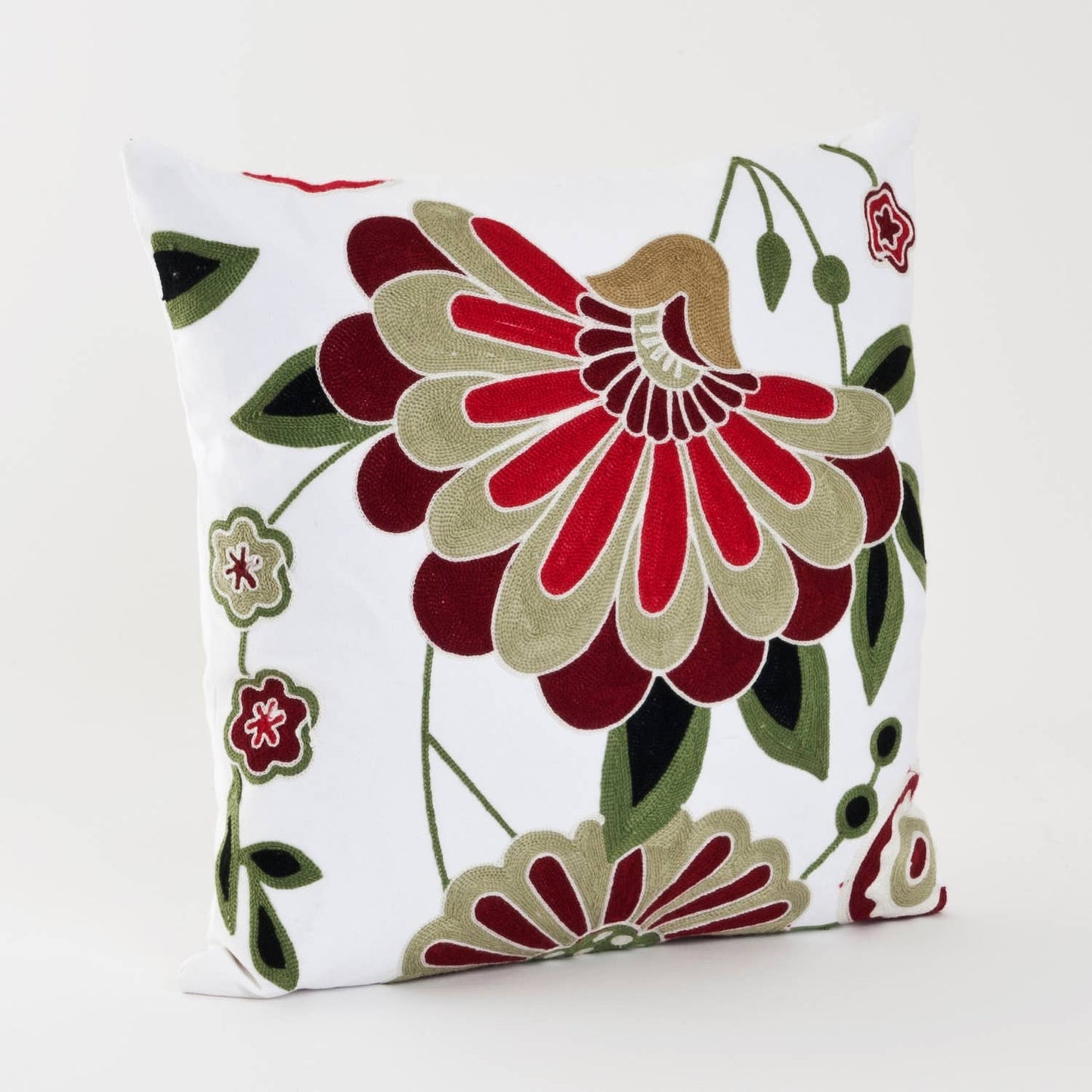 0727 - Crewel Work Down Filled Cotton 17" Decorative Throw Pillow