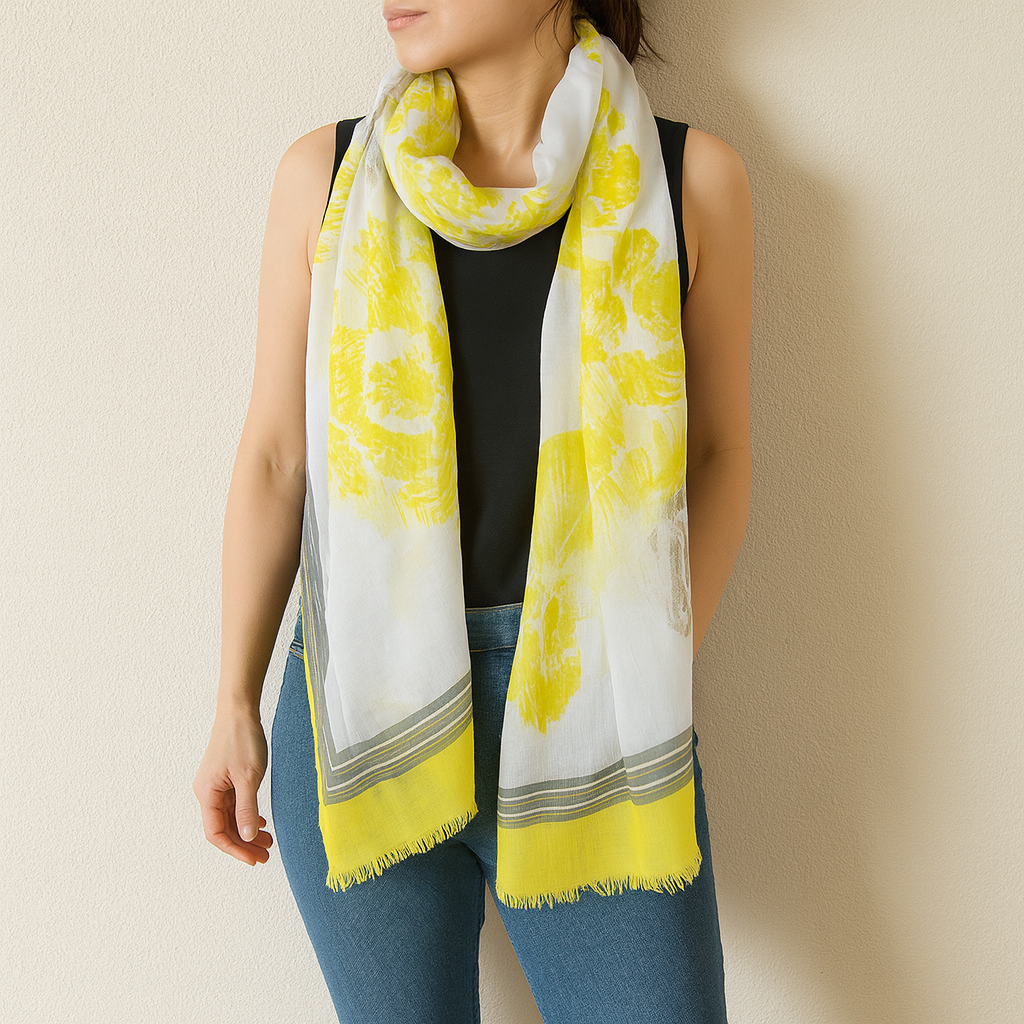 Yellow Vintage Flower Frayed Edge Wrap Scarf