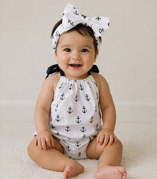 Anchor Sailor Open Back Baby Sunsuit and Headband