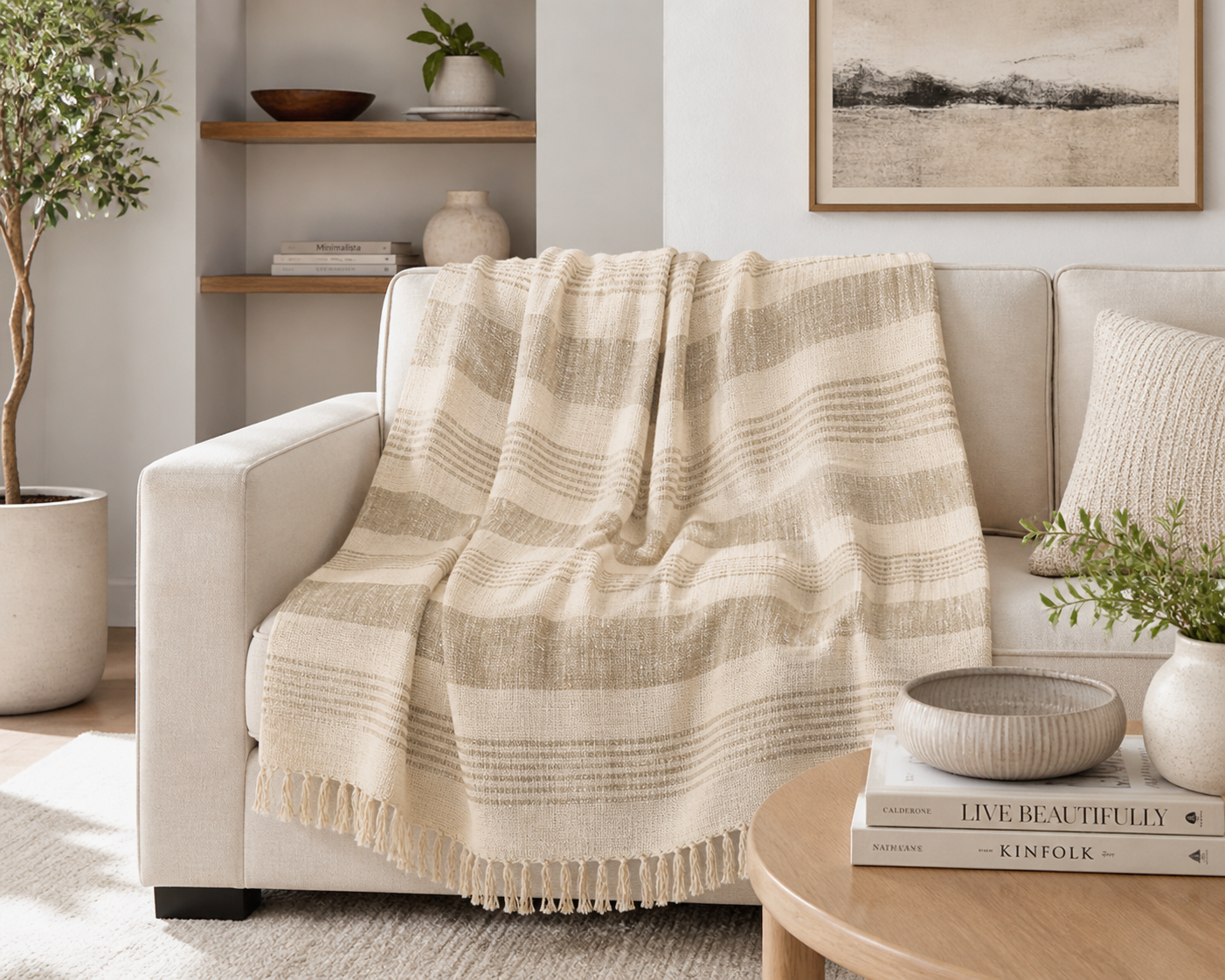 Natural Striped & Tasseled Cotton Throw Blanket