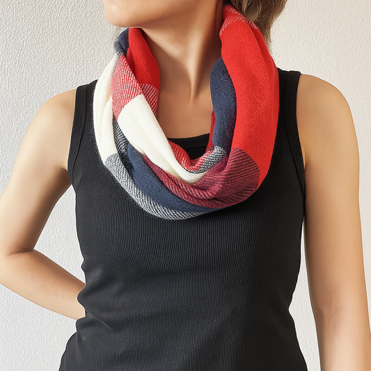 White Orange Plaid Infinity Scarf with Zipper Pocket