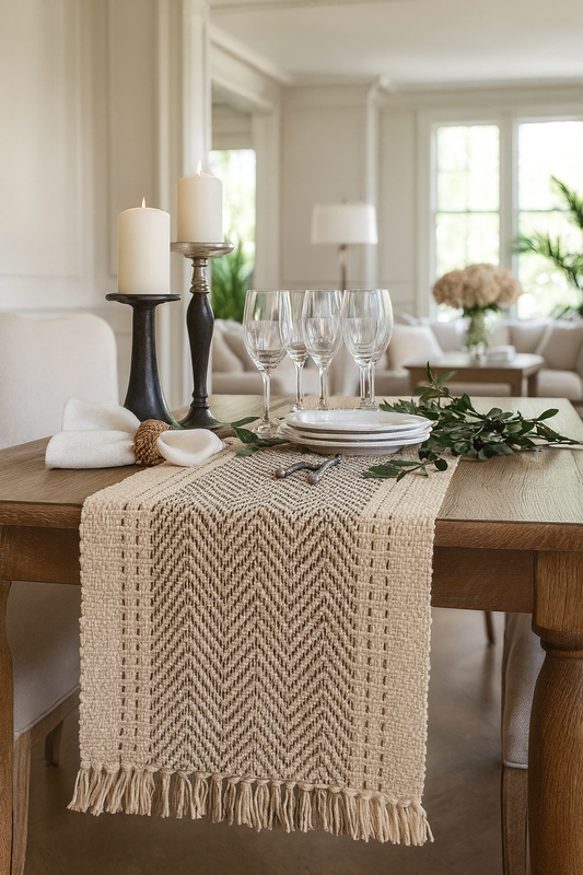 1229 - Natural Kantha Stitch Tasseled Cotton Table Runner
