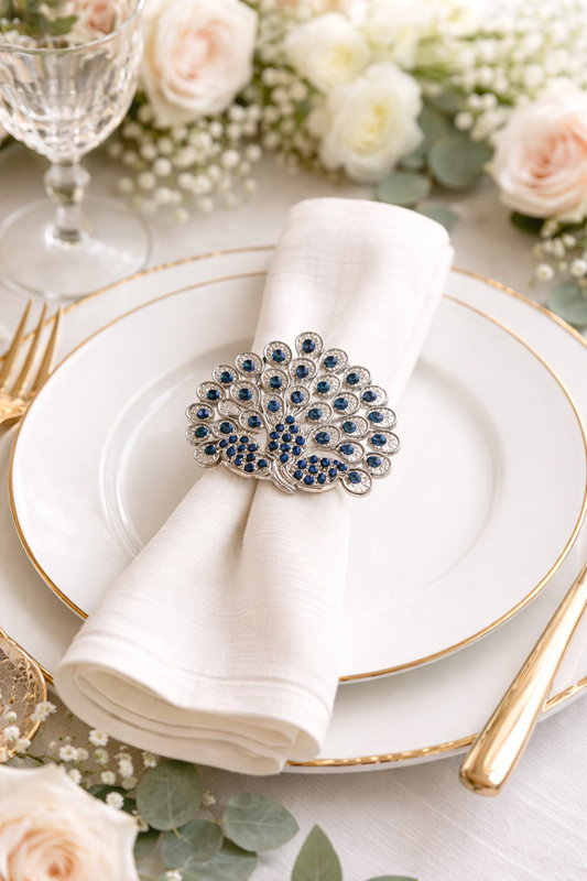Green Jeweled Peacock Silver Napkin Ring