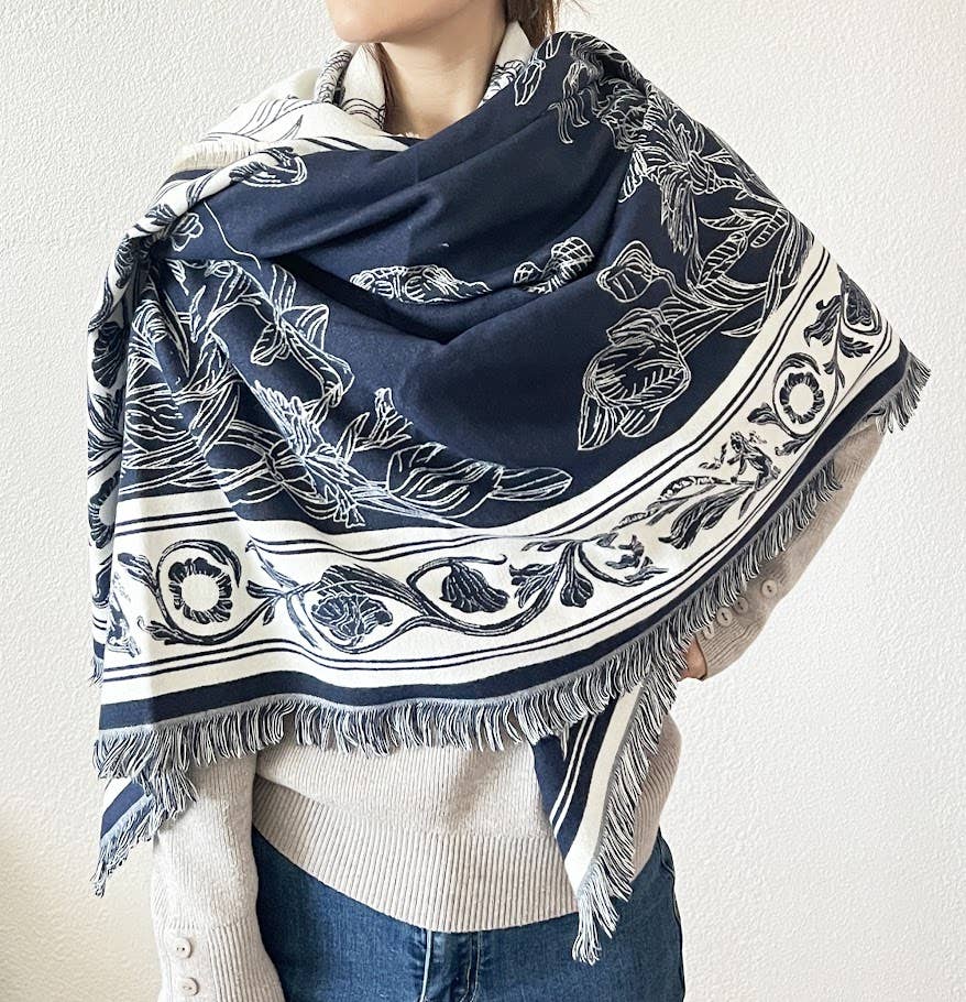 Navy-White Floral Reversible Cashmere Square Wrap Scarf