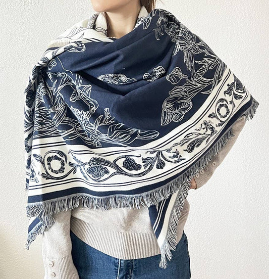 Navy-White Floral Reversible Cashmere Square Wrap Scarf