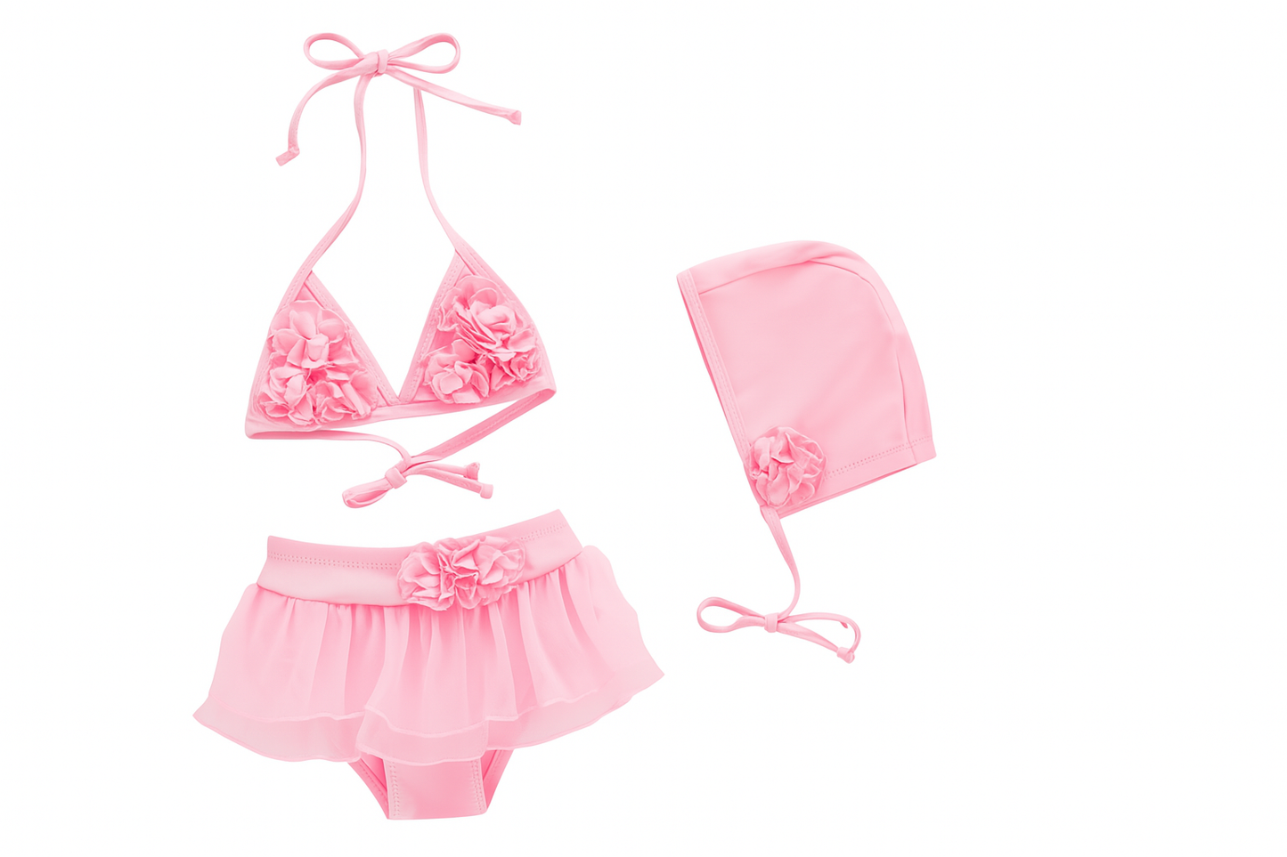Pink Floral Self-Tie 3pcs Baby Swimwear Set