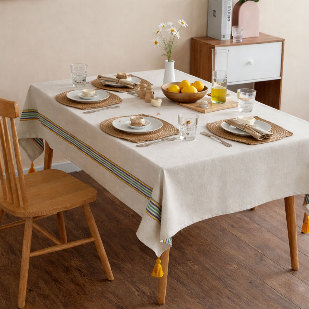 Classic Striped Cotton Blend Woven Tablecloth with Tassels