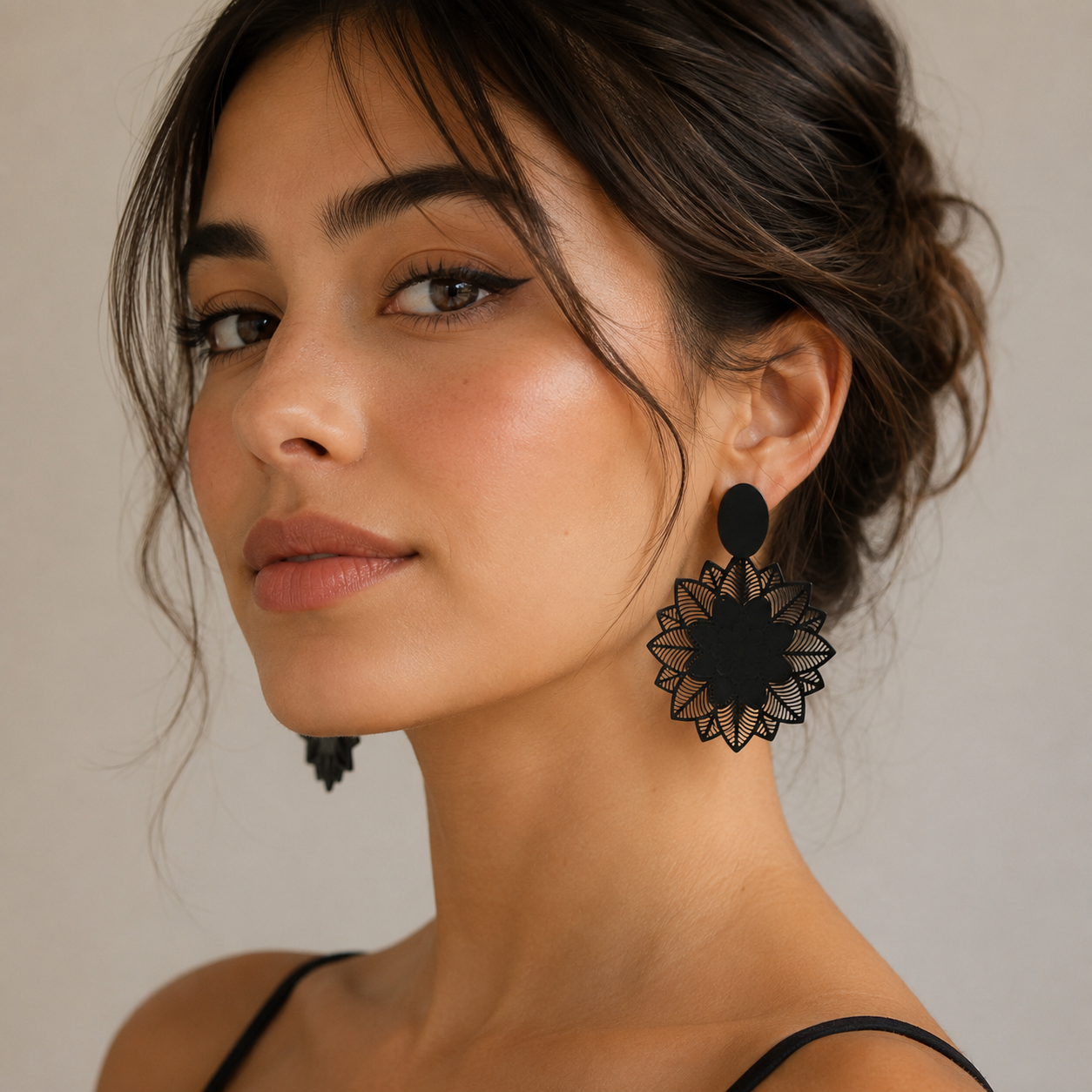 Black Boho Geometric Flower Drop Earrings