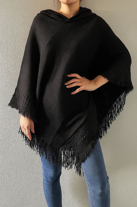 Black Knit Fringed Hooded Poncho