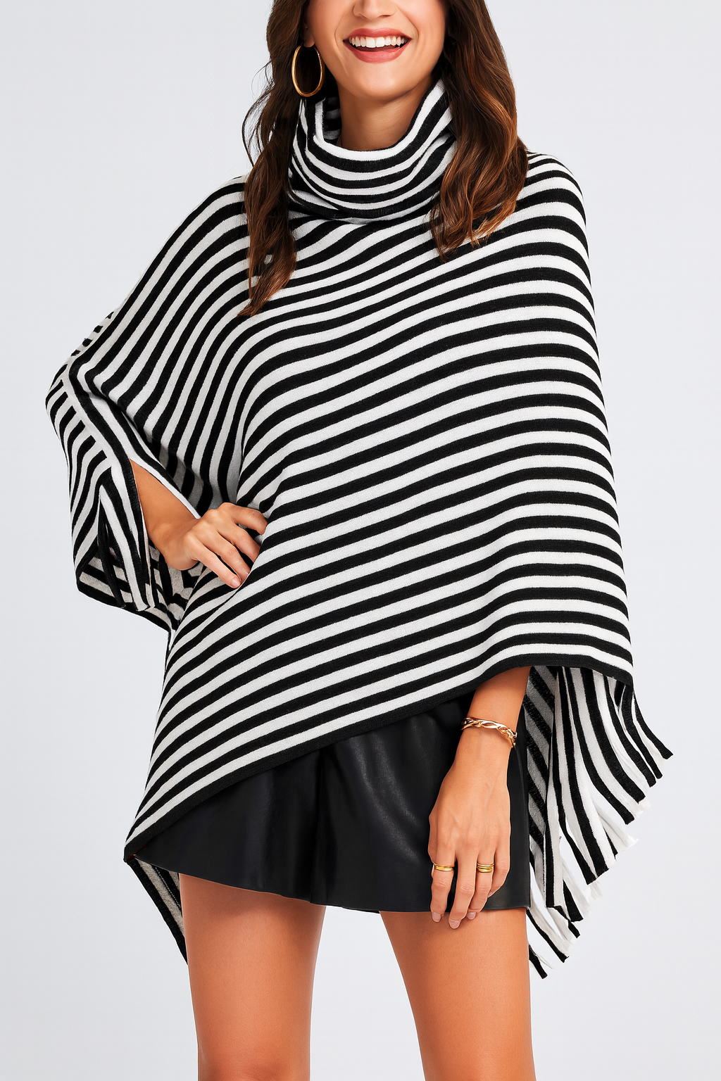 Black Knit Striped Turtleneck Fringe Pullover Poncho