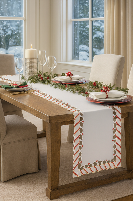 1633 - Ivory Holiday Candy Cane Table Runner