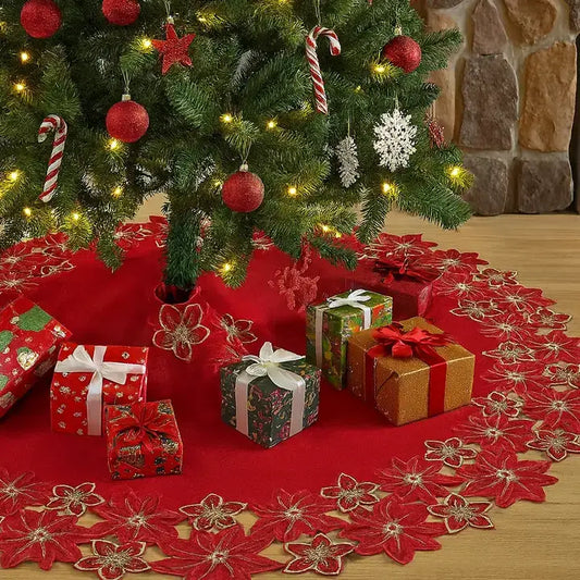 Red Embroidered Poinsettia Cutwork Christmas Tree Skirt