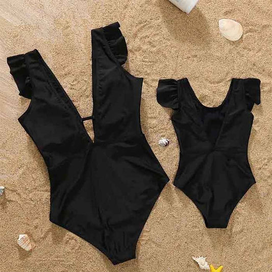 Mommy Daughter Black Ruffle One-Piece Swimsuit