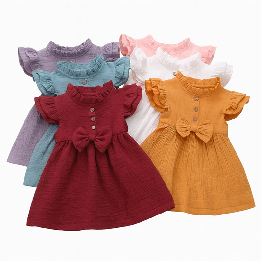 Flutter Sleeve Stand Collar Cotton Girl Dress