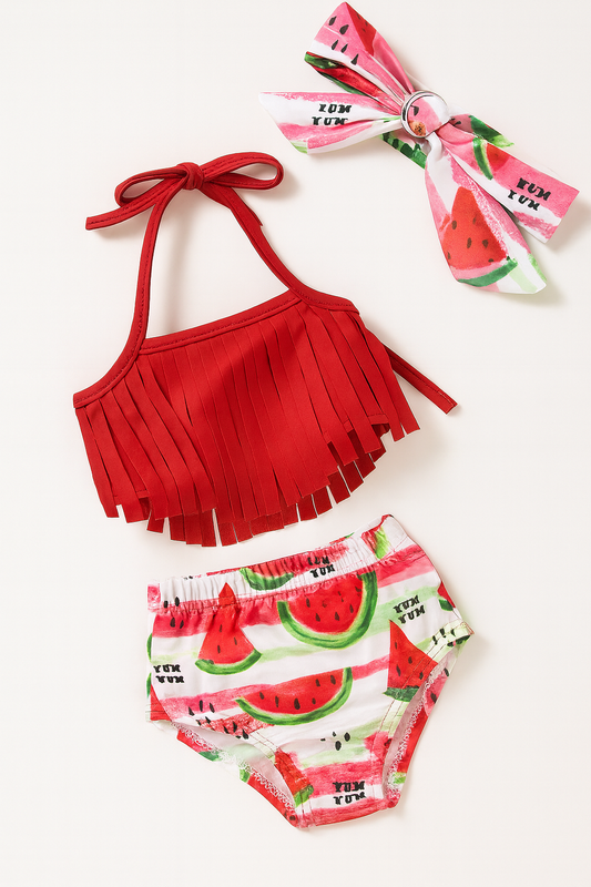 Red & White Watermelon 3pcs Baby Swimwear