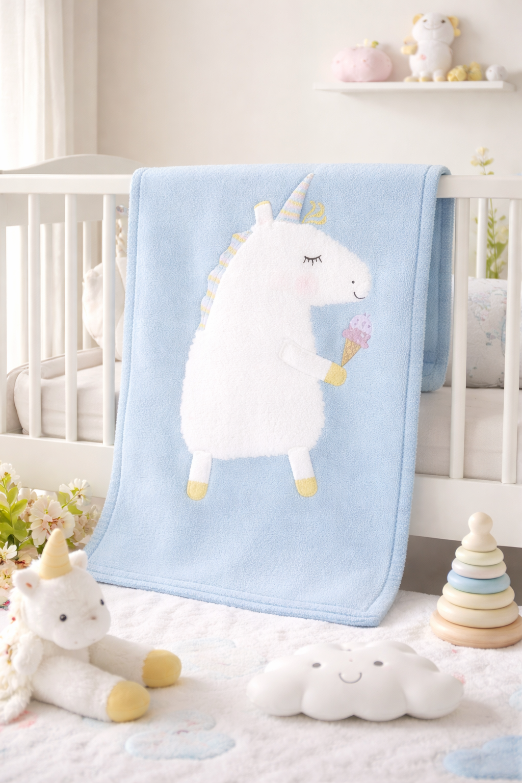 Blue Unicorn Crib Nursery Blanket