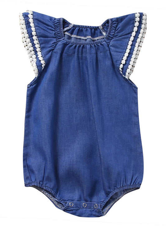 Blue Ruffle Pom Pom Cap Baby Romper