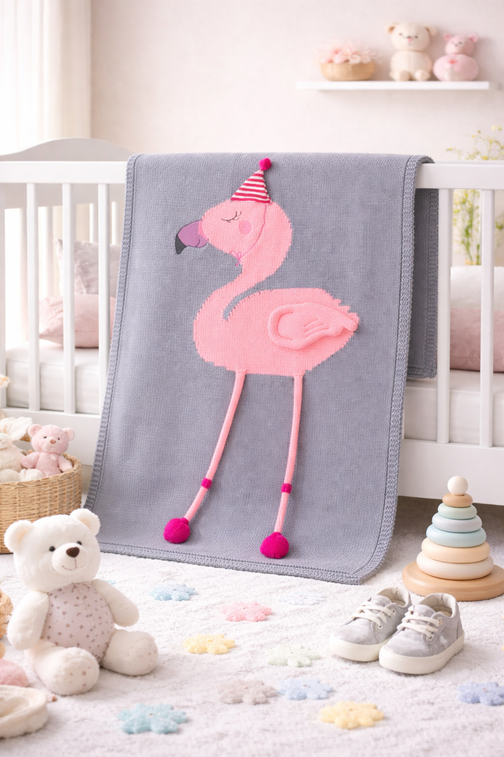 Grey Flamingo Crib Nursery Blanket
