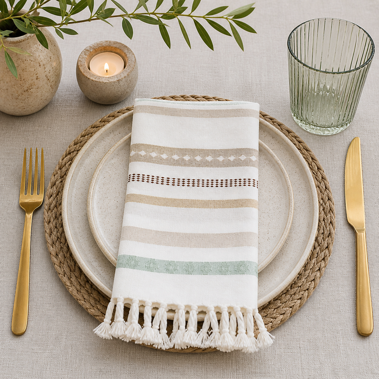 Sage & Natural Stripe 20" Cotton Napkin