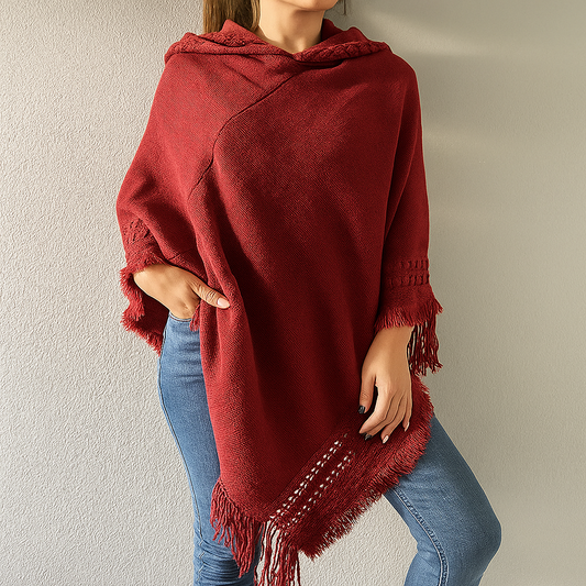 Burgundy Knit Fringed Hooded Poncho