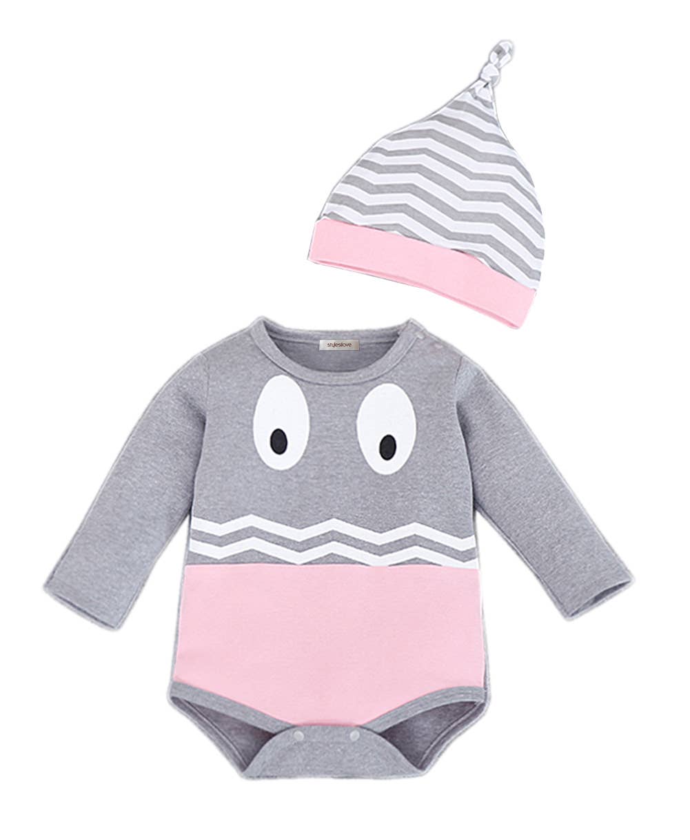 Grey-Pink Elephant Baby Romper & Hat
