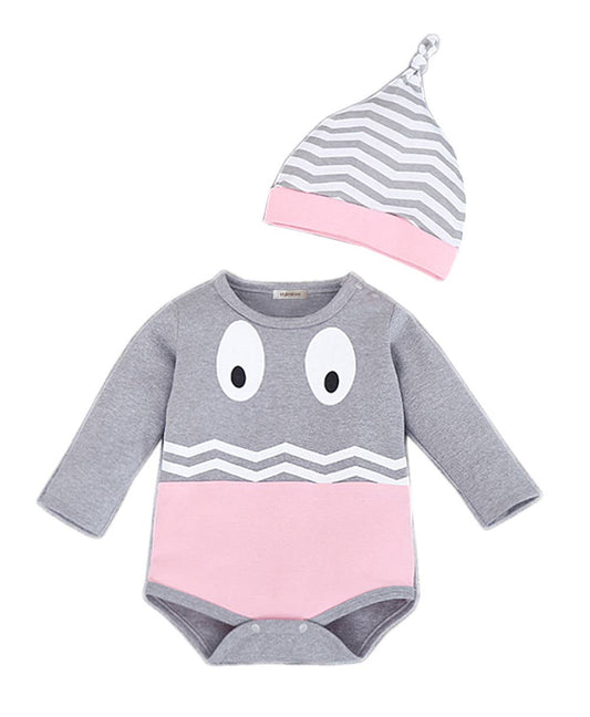 Grey-Pink Elephant Baby Romper & Hat