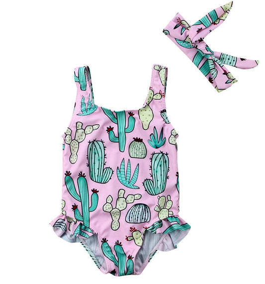 Cactus One-Piece Baby Girl Swimsuit & Headband