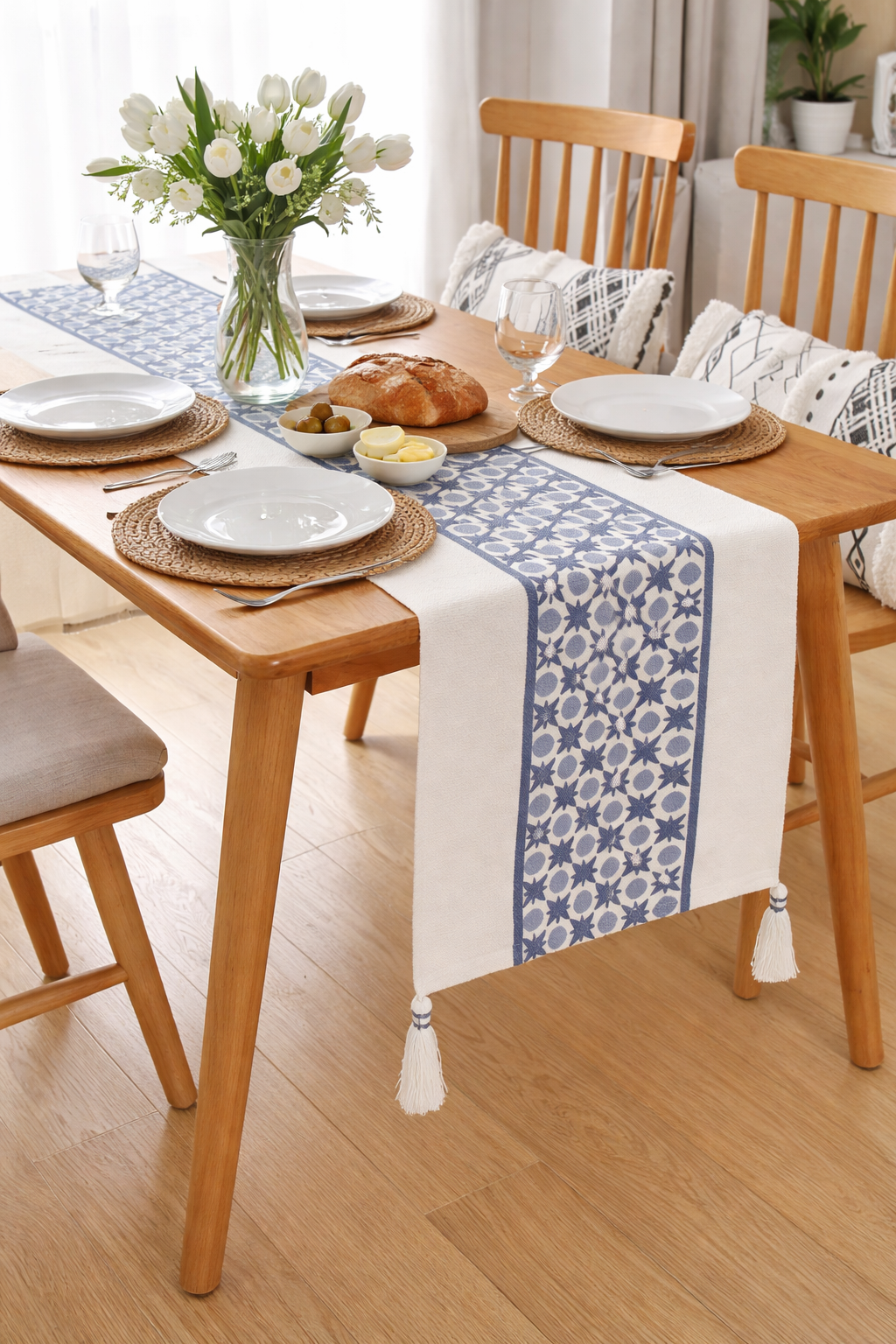 Navy Blue Geometric Floral Cotton Table Runner