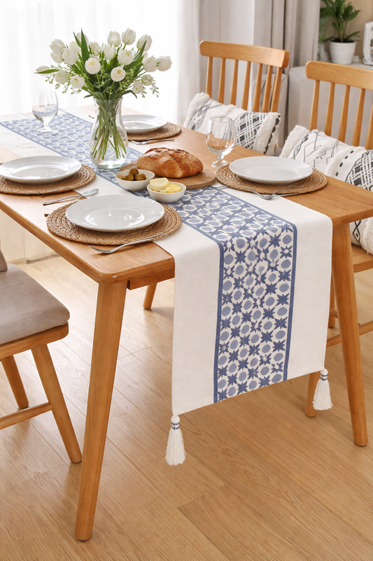 Navy Blue Geometric Floral Cotton Table Runner