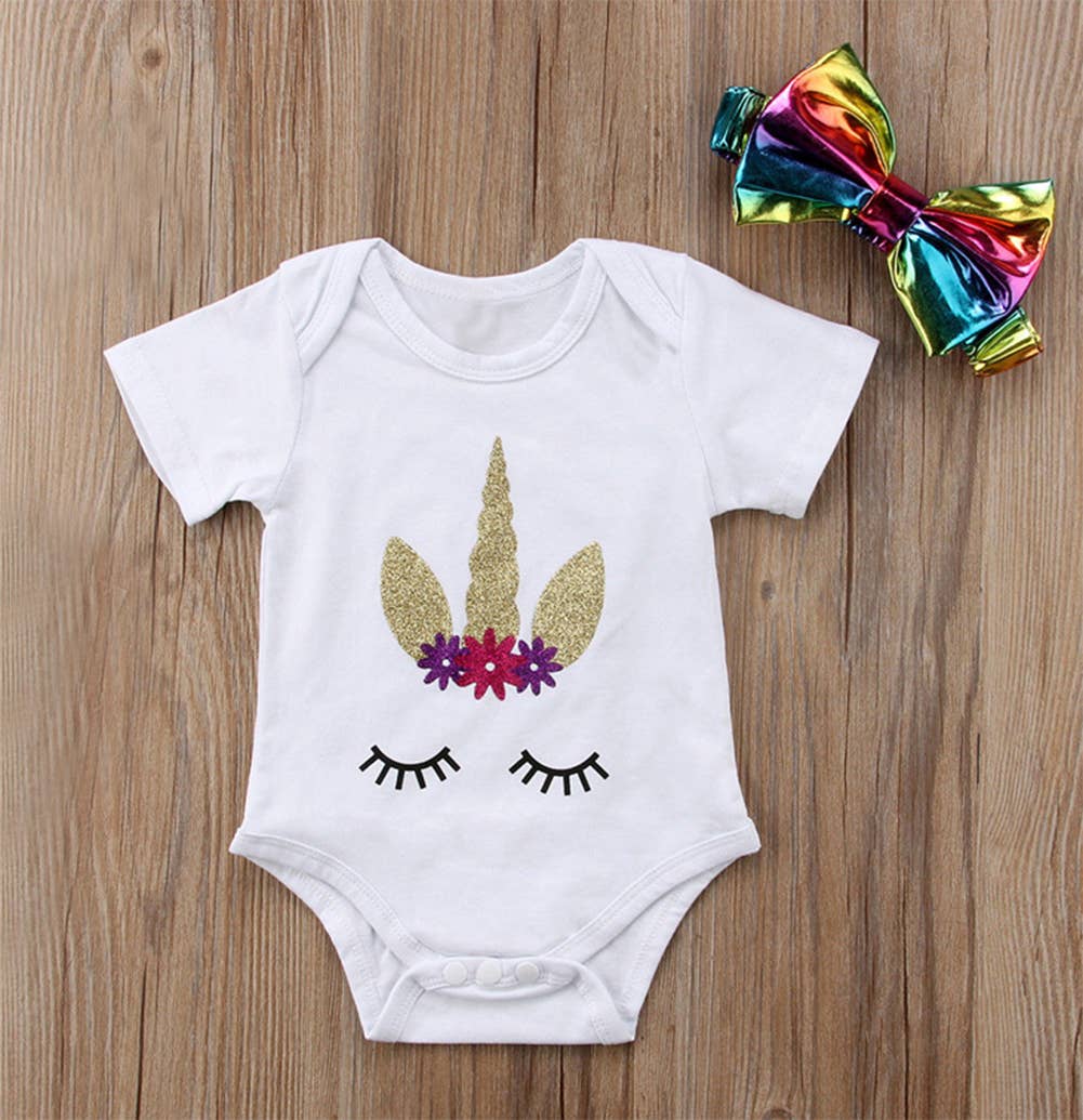 Gold Unicorn White Baby Romper & Headband