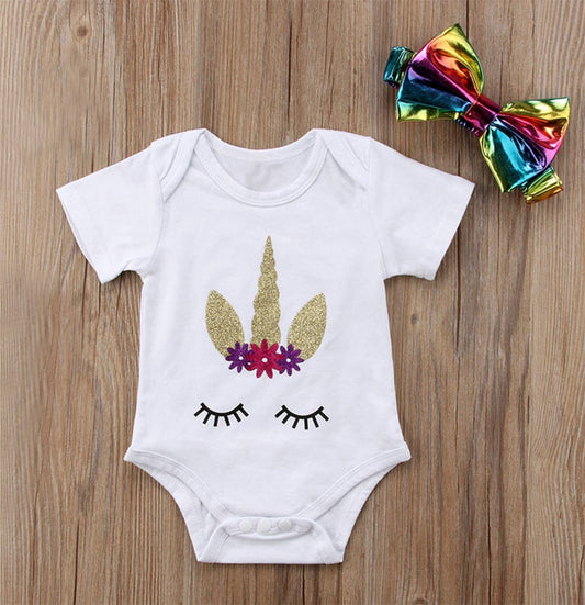Gold Unicorn White Baby Romper & Headband